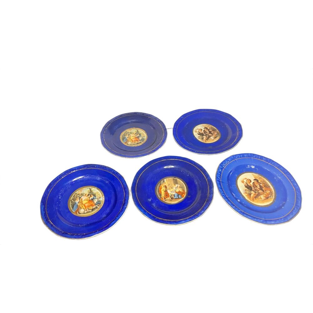Vintage Czech Cobalt Blue Porcelain Cabinet Plates Set of 5 Romantic Scene Decor